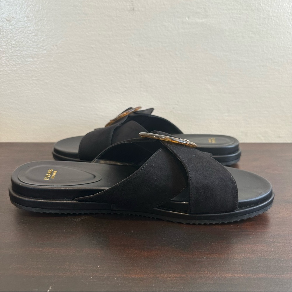 Evans Black  Extra Wide Slide Open Toe Faux Suede Buckle Sandals Size 11 - Picture 6 of 11